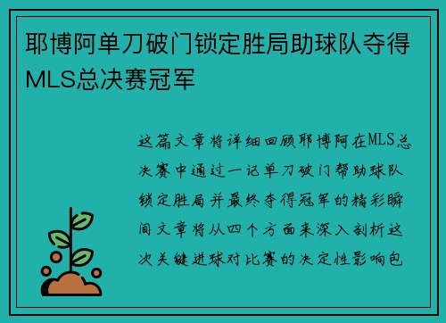 耶博阿单刀破门锁定胜局助球队夺得MLS总决赛冠军